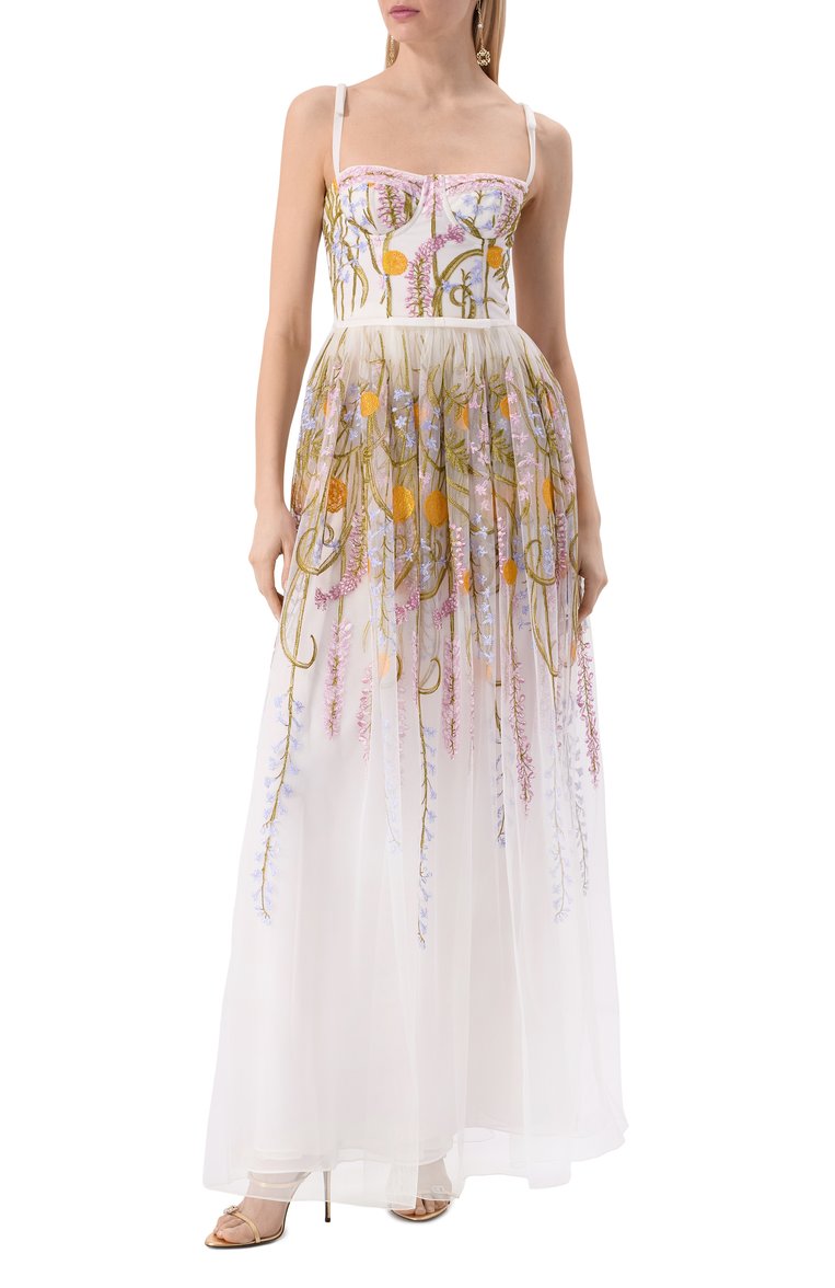 Женское платье GIAMBATTISTA VALLI белого цвета, арт. 25SSPVCA5273-66EMB | Фото 3 (Длина Ж (юбки, платья, шорты): Макси; Женское Кросс-КТ: Платье-одежда, Сарафаны; Стили: Романтичный; Случай: Коктейльный; Рукава: На бретелях; Материал внешний: Синтетический материал)