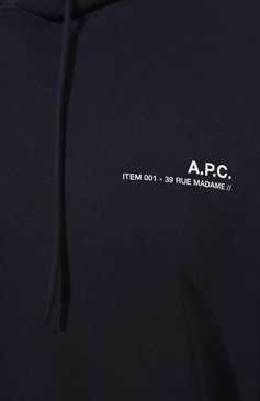 Мужской хлопковое худи A.P.C. темно-синего цвета, арт. C0FBQ-H27672 | Фото 5 (Материал внешний: Хлопок; Материал сплава: Проставлено; Длина (для топов): Стандартные; Рукава: Длинные; Драгоценные камни: Проставлено; Принт: Без принта; Стили: Кэжуэл; Мужское Кросс-КТ: Худи-одежда)