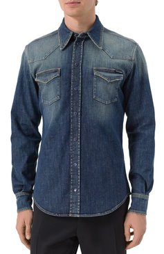 Мужская джинсовая рубашка DOLCE & GABBANA темно-синего цвета, арт. G5JC8D/G8GW9 | Фото 3 (Рукава: Длинные; Материал сплава: Проставлено; Длина (для топов): Стандартные; Материал внешний: Хлопок, Деним; Драгоценные камни: Проставлено; Стили: Кэжуэл; Манжеты: На кнопках; Принт: Однотонные; Случай: Повседневный; Рубашки М: Slim Fit; Кросс-КТ: Деним; Воротник: Акула)