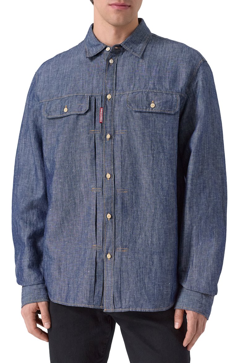 Мужская рубашка из хлопка и льна DSQUARED2 синего цвета, арт. S74DM0896/D30012 | Фото 3 (Длина (для топов): Стандартные; Материал внешний: Лен, Хлопок, Деним; Рукава: Длинные; Кросс-КТ: Деним; Принт: Однотонные; Манжеты: На пуговицах; Воротник: Кент; Случай: Повседневный; Стили: Кэжуэл)