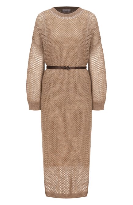 Женское платье из шерсти и хлопка BRUNELLO CUCINELLI бежевого цвета, арт. MPS732A90P | Фото 1 (Рукава: Длинные; Автоматизация состава: Проставлено; Автоматизация ТО: Проставлено; Материал внешний: Шерсть, Синтетический материал; Длина Ж (юбки, платья, шорты): Макси)