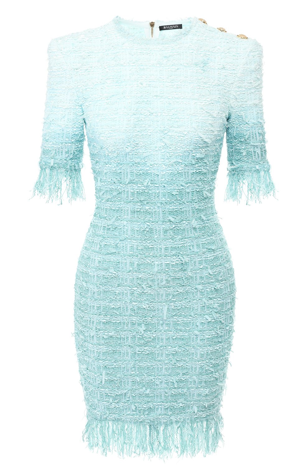 Платье с бахромой BALMAIN бирюзового цвета по цене 226500 руб., арт. RF16616/K299, фото 1 Платье с бахромой BALMAIN, арт. RF16616/K299, фото 1