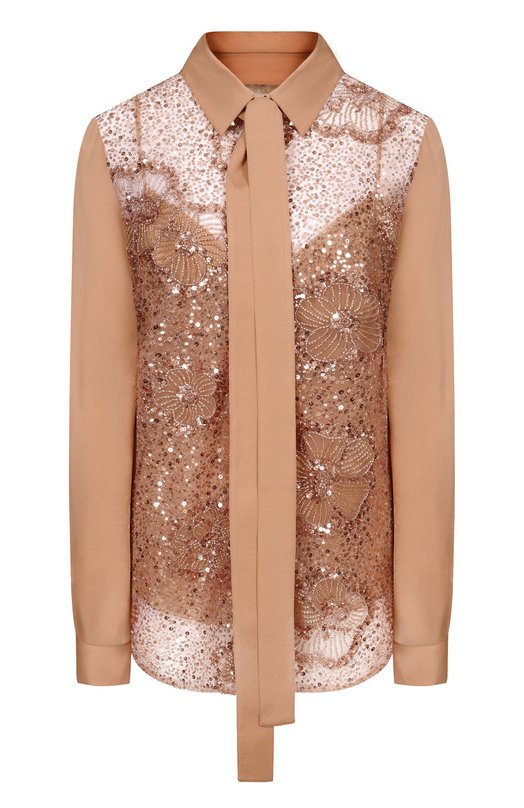 Шелковая блузка с отделкой пайетками Elie Saab SH111NRC26/TU024 Бежевый SH111NRC26/TU024