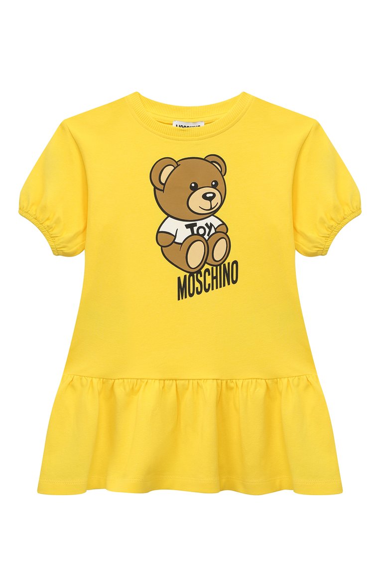 Детское хлопковое платье MOSCHINO желтого цвета, арт. HDV0CQ/LBA10/10-14 | Фото 1 (Рукава: Короткие; Девочки Кросс-КТ: Платье-одежда; Случай: Повседневный; Материал внешний: Хлопок; Ростовка одежда: 10 - 11 лет | 140 - 146см, 12 лет | 152 см)