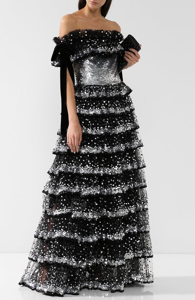 Приталенное платье-макси с оборками и пайетками VALENTINO, арт. QB2VD7P01ED, фото 2