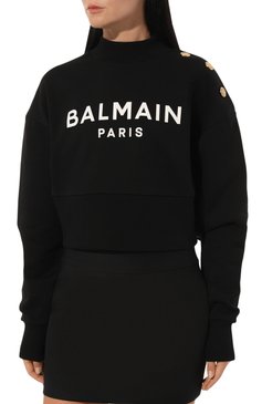 Женский хлопковый свитшот BALMAIN черно-белого цвета, арт. AF1J0040/BB02 | Фото 3 (Рукава: Длинные; Материал сплава: Проставлено; Материал внешний: Хлопок; Стили: Спорт-шик; Драгоценные камни: Проставлено; Длина (для топов): Укороченные; Женское Кросс-КТ: Свитшот-одежда)