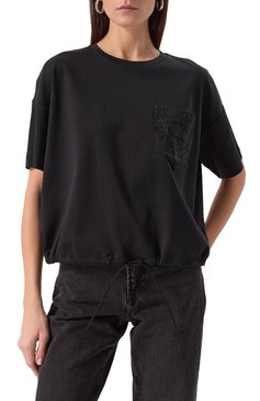 Женская хлопковая футболка EMPORIO ARMANI черного цвета, арт. EW000891/AF12545 | Фото 3 (Драгоценные камни: Проставлено; Длина (для топов): Стандартные; Материал внешний: Хлопок; Рукава: Короткие; Материал сплава: Проставлено; Принт: Без принта; Стили: Кэжуэл; Женское Кросс-КТ: Футболка-одежда)