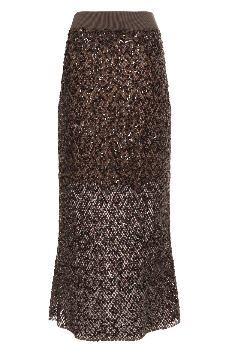 Женская юбка с отделкой пайетками BRUNELLO CUCINELLI коричневого цвета, арт. MRTR20989 | Фото 1 (Кросс-КТ: Трикотаж; Стили: Кэжуэл; Материал внешний: Лен; Длина Ж (юбки, платья, шорты): Миди)