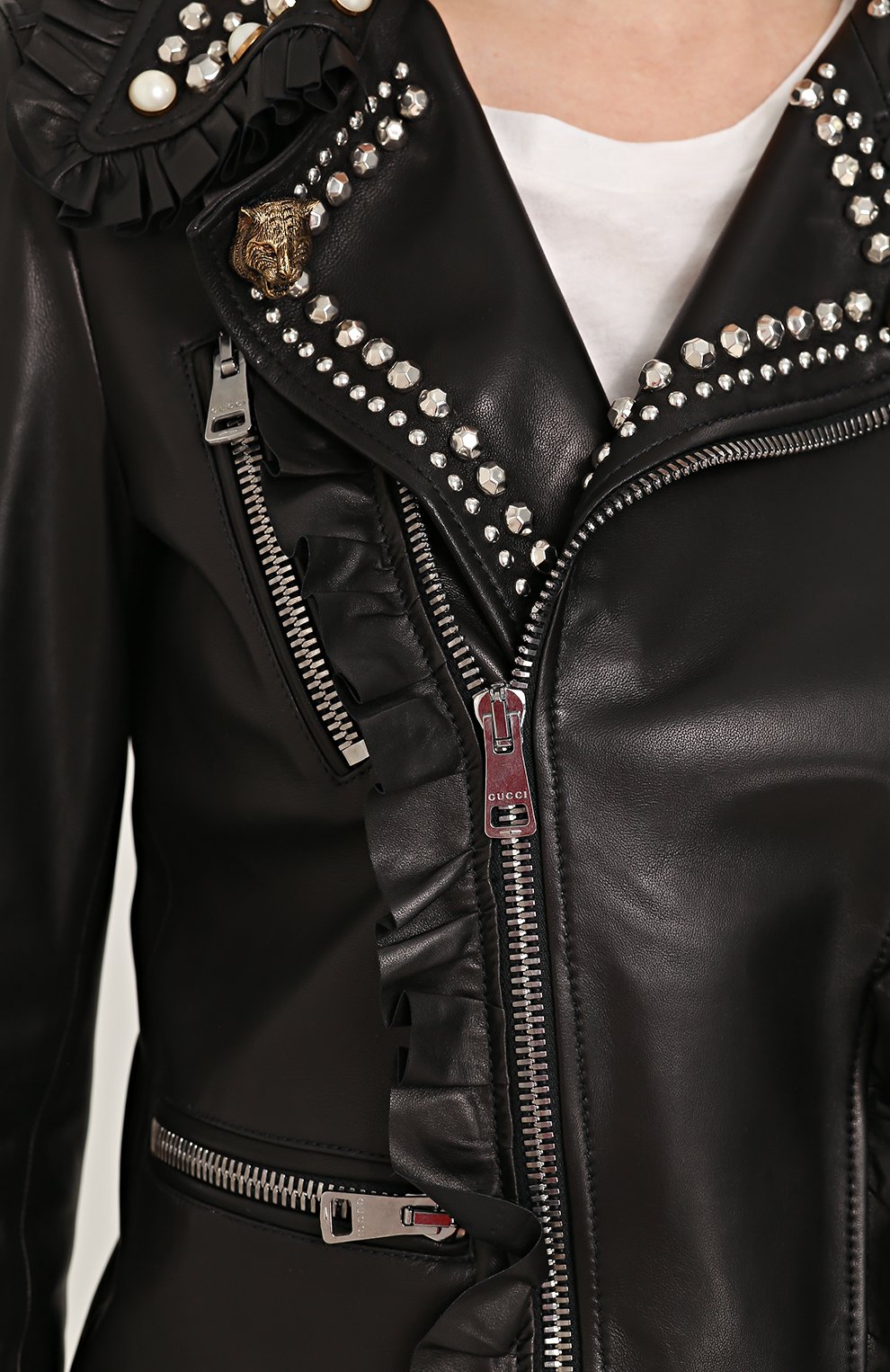 Кожаная куртка с косой молнией и декоративной отделкой GUCCI, арт. 458189/XN621, фото 5