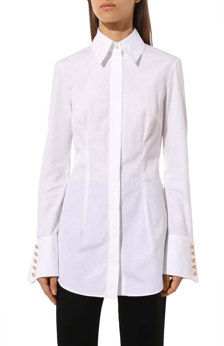Женская хлопковая рубашка BALMAIN белого цвета, арт. CF0HS355/CE48 | Фото 3 (Длина (для топов): Удлиненные; Рукава: Длинные; Материал внешний: Хлопок; Женское Кросс-КТ: Рубашка-одежда; Принт: Без принта; Стили: Классический; Автоматизация ТО: Проставлено; Автоматизация состава: Проставлено)