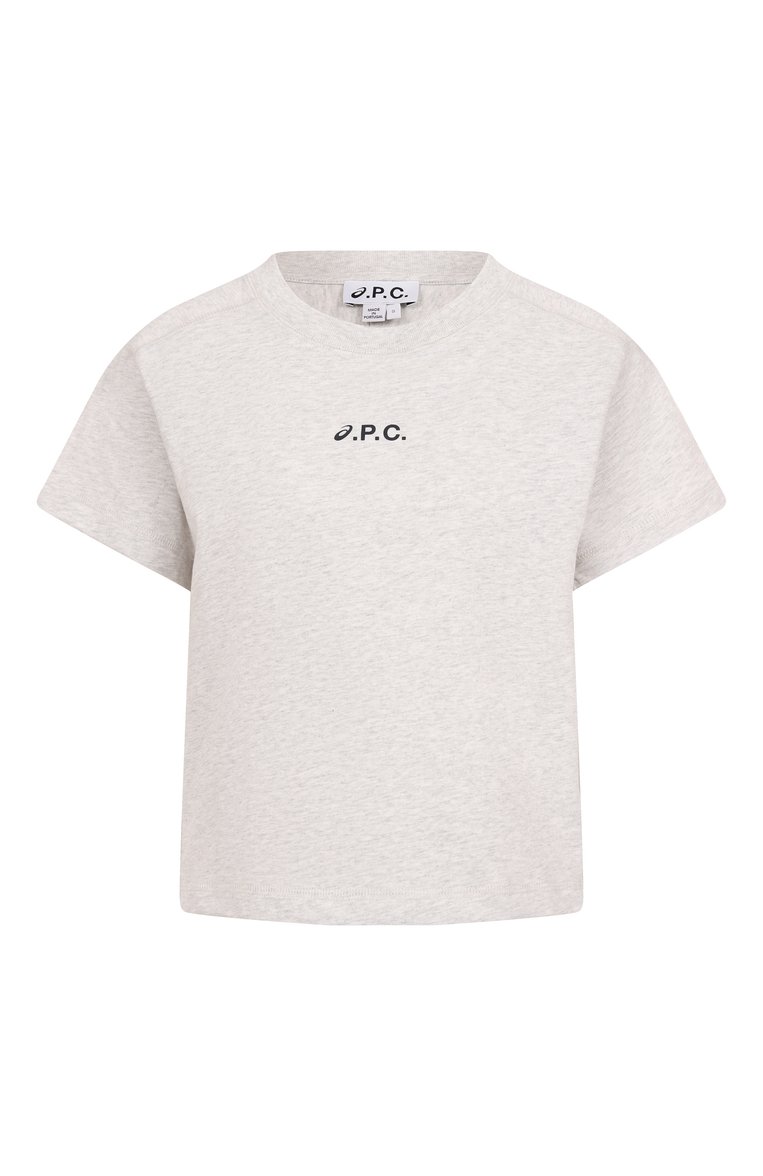 Женская хлопковая футболка a.p.c. x asics A.P.C. серого цвета, арт. C0EAV-F26454 | Фото 1 (Автоматизация состава: Проставлено; Рукава: Короткие; Длина (для топов): Стандартные; Автоматизация ТО: Проставлено; Материал внешний: Хлопок; Стили: Кэжуэл; Женское Кросс-КТ: Футболка-одежда; Принт: С принтом)