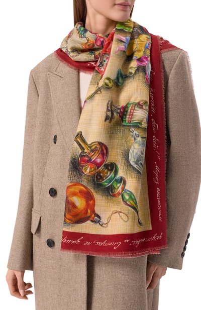Шерстяная шаль новогодние игрушки GOURJI бежевого цвета по цене 39960 руб., арт. 91245439/6251114, фото 2 Шерстяная шаль новогодние игрушки GOURJI, арт. 91245439/6251114, фото 2