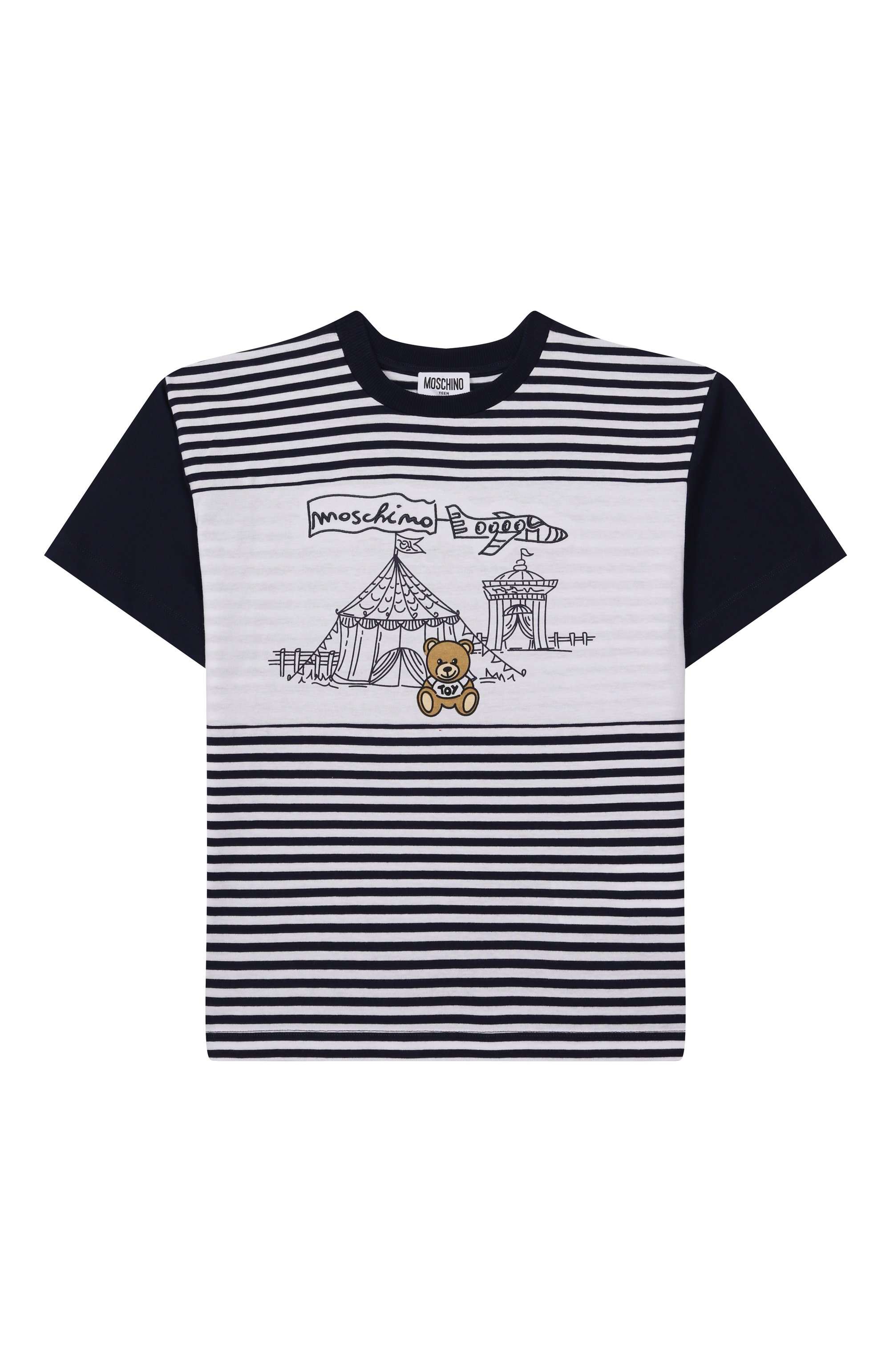 Хлопковая футболка MOSCHINO темно-синего цвета по цене 12650 руб., арт. HUM053/LAE08/10-14, фото 1 Хлопковая футболка MOSCHINO, арт. HUM053/LAE08/10-14, фото 1