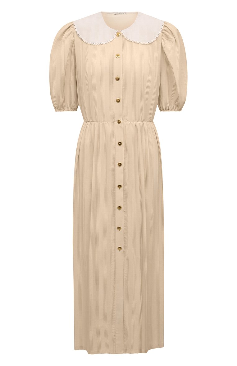 Женское платье MIU MIU бежевого цвета, арт. MF4533-1M7O-F0018 | Фото 1 (Длина Ж (юбки, платья, шорты): Миди; Женское Кросс-КТ: Платье-одежда; Случай: Повседневный; Стили: Бохо; Рукава: Короткие; Драгоценные камни: Проставлено; Материал сплава: Проставлено; Нос: Не проставлено; Региональные ограничения белый список (Axapta Mercury): Не проставлено)