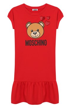 Детское хлопковое платье MOSCHINO красного цвета, арт. HDV07E/LDA12/10A-14A | Фото 1 (Материал внешний: Хлопок; Статус проверки: Проверена категория; Рукава: Короткие; Принт: С принтом; Девочки Кросс-КТ: Платье-одежда; Тематический товар: Teddy Bear; Материал сплава: Проставлено; Драгоценные камни: Проставлено; Случай: Повседневный; Ростовка одежда: 10 - 11 лет | 140 - 146см, 12 лет | 152 см)