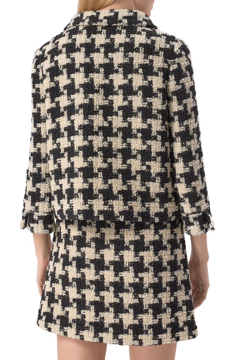 Женский твидовый жакет VALENTINO черно-белого цвета, арт. 6B3CE3Y190P | Фото 4 (Длина (для топов): Стандартные; Рукава: Длинные; Материал внешний: Шерсть; 1-2-бортные: Однобортные; Женское Кросс-КТ: Жакет-одежда; Кросс-КТ: костюм; Стили: Романтичный; Материал подклада: Синтетический материал)