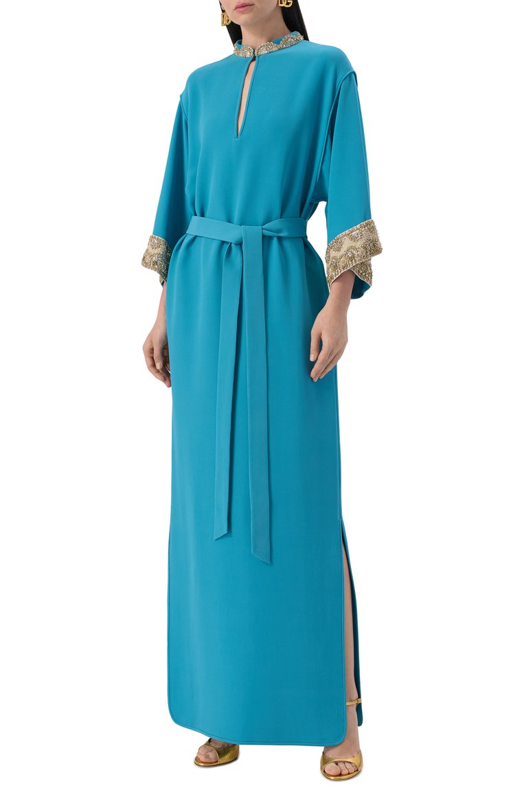 Женское шелковое платье VALENTINO бирюзового цвета, арт. 6B3VDKQ61MM | Фото 3 (Рукава: 3/4; Материал внешний: Шелк; Длина Ж (юбки, платья, шорты): Макси; Автоматизация состава: Проставлено; Автоматизация ТО: Проставлено; Случай: Вечерний; Женское Кросс-КТ: Платье-одежда; Стили: Романтичный)