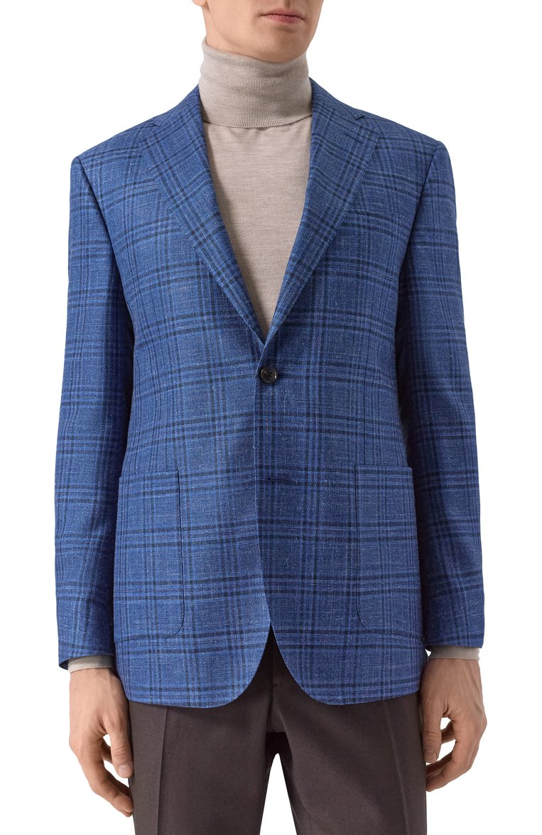 Мужской пиджак из шерсти и шелка CORNELIANI синего цвета, арт. 256018-2516200 | Фото 4 (Материал внешний: Шерсть; Рукава: Длинные; Драгоценные камни: Проставлено; Длина (для топов): Стандартные; Материал сплава: Проставлено; Случай: Повседневный; Пиджаки М: Приталенный; Стили: Кэжуэл; 1-2-бортные: Однобортные)