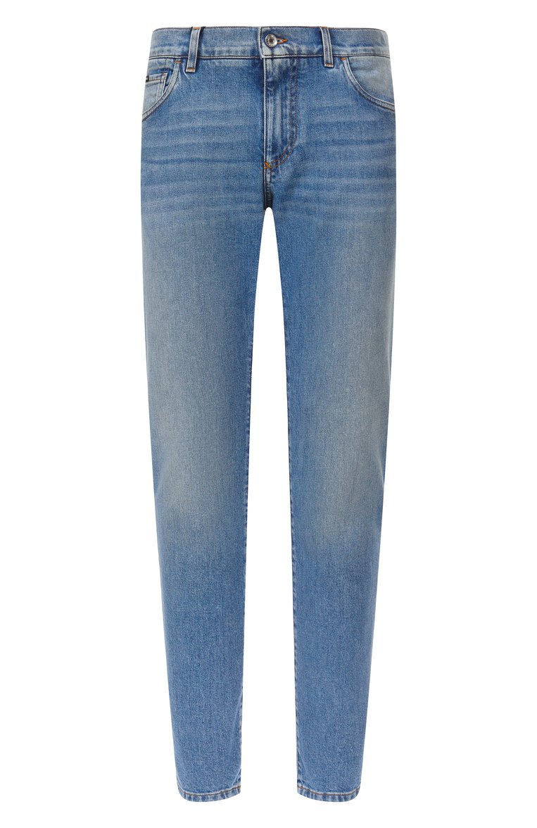 Мужские джинсы slim DOLCE & GABBANA синего цвета, арт. GY07CD/G8MZ6 | Фото 1 (Длина (брюки, джинсы): Стандартные; Автоматизация ТО: Проставлено; Автоматизация состава: Проставлено; Материал внешний: Хлопок, Деним; Кросс-КТ: Деним; Силуэт М (брюки): Прямые; Детали: Делаве; Стили: Повседневный)