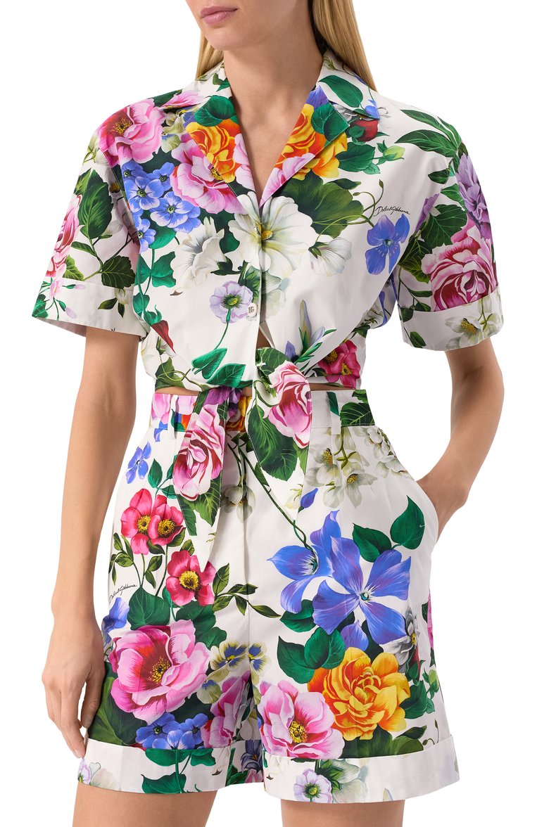 Женская хлопковая рубашка DOLCE & GABBANA разноцветного цвета, арт. F5T30T/HS5S6 | Фото 3 (Длина (для топов): Укороченные; Рукава: Короткие; Материал внешний: Хлопок; Стили: Романтичный; Принт: С принтом; Женское Кросс-КТ: Рубашка-одежда; Кросс-КТ: костюм; Автоматизация состава: Проставлено; Размерность: Идёт в размер; Автоматизация ТО: Проставлено; Re-sync: On)