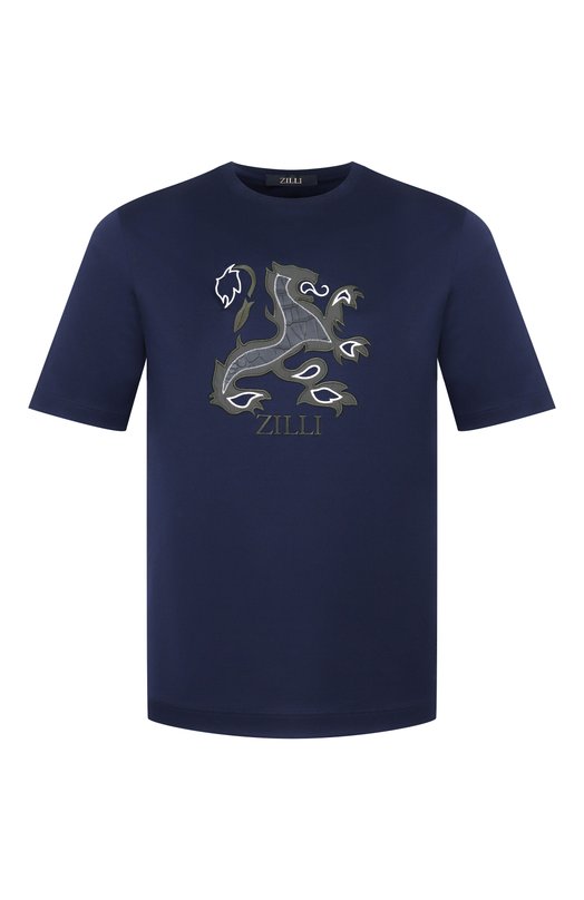 Хлопковая футболка с отделкой из кожи аллигатора Zilli TSR02AM0143VBLE01 Синий TSR02AM0143VBLE01