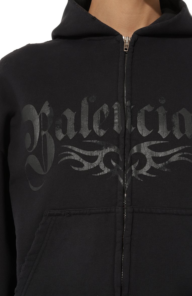 Женский хлопковая толстовка BALENCIAGA черного цвета, арт. 803264/TRVA4 | Фото 5 (Драгоценные камни: Проставлено; Материал сплава: Проставлено; Длина (для топов): Стандартные; Рукава: Длинные; Женское Кросс-КТ: Кардиган-одежда; Стили: Гранж; Материал внешний: Хлопок)