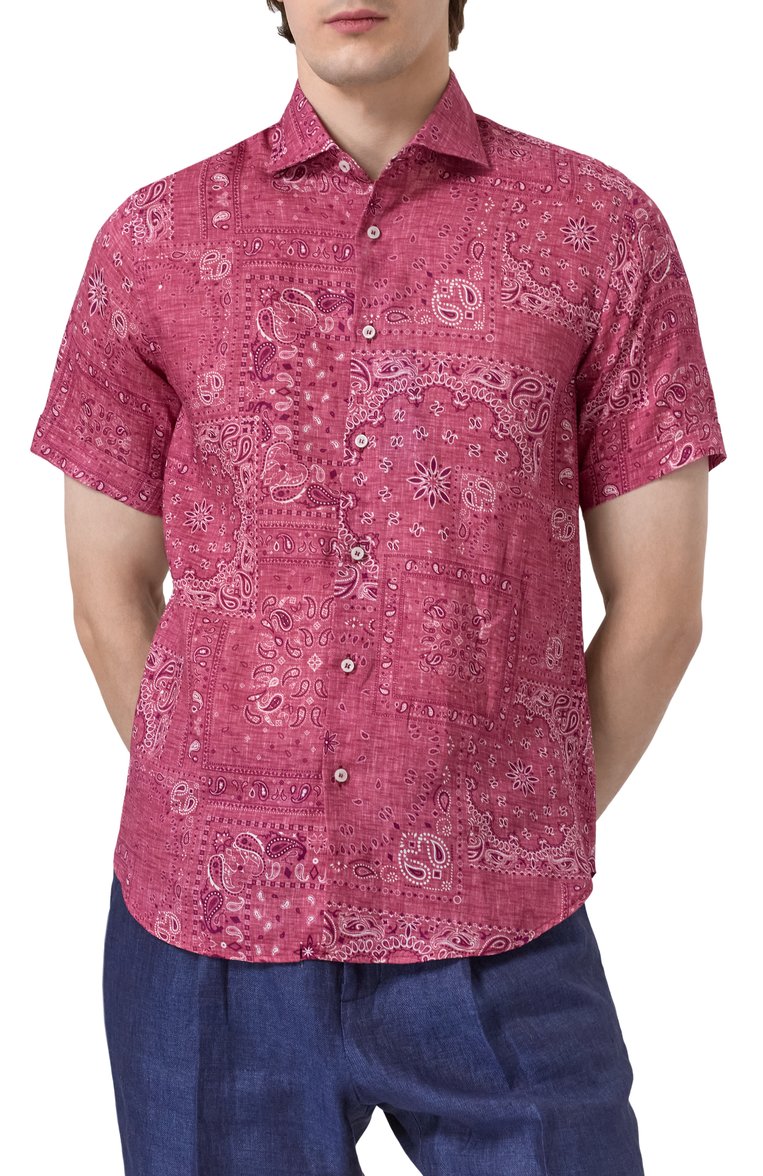 Мужская льняная рубашка FEFE` малинового цвета, арт. LINEN SHIRT (SH0RT SLEVES)/CLX082VAR09 | Фото 3 (Рукава: Короткие; Материал внешний: Лен; Длина (для топов): Стандартные; Случай: Повседневный; Принт: С принтом; Стили: Кэжуэл; Воротник: Кент)