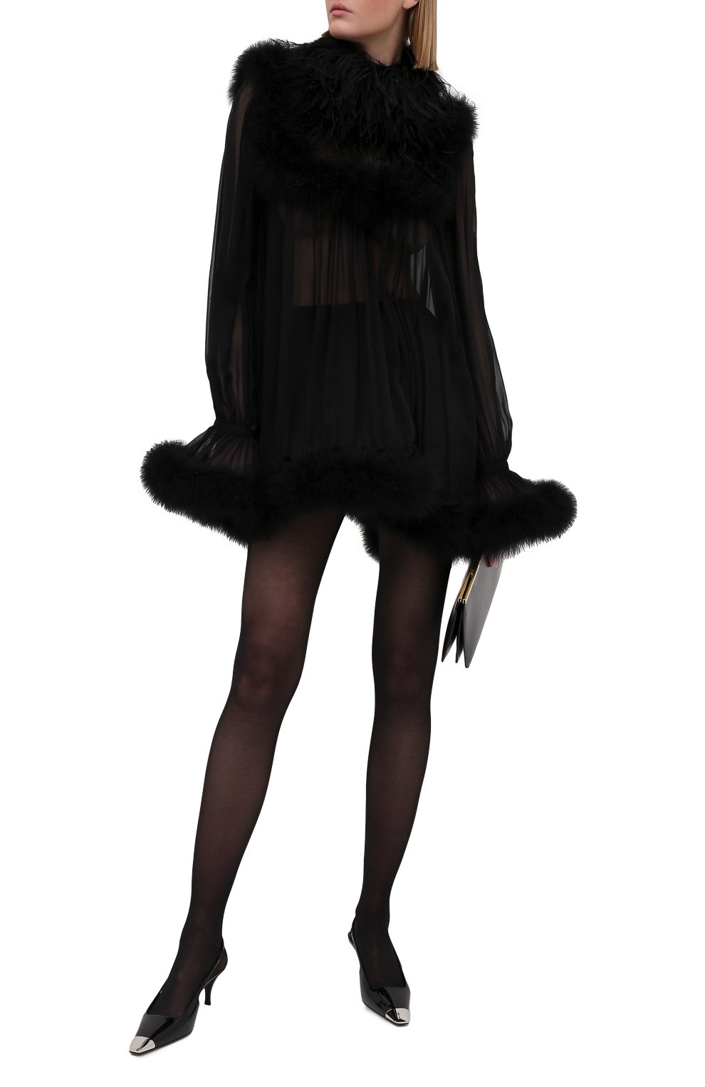 Шелковое платье с отделкой перьями SAINT LAURENT, арт. 655337/Y115W, фото 2