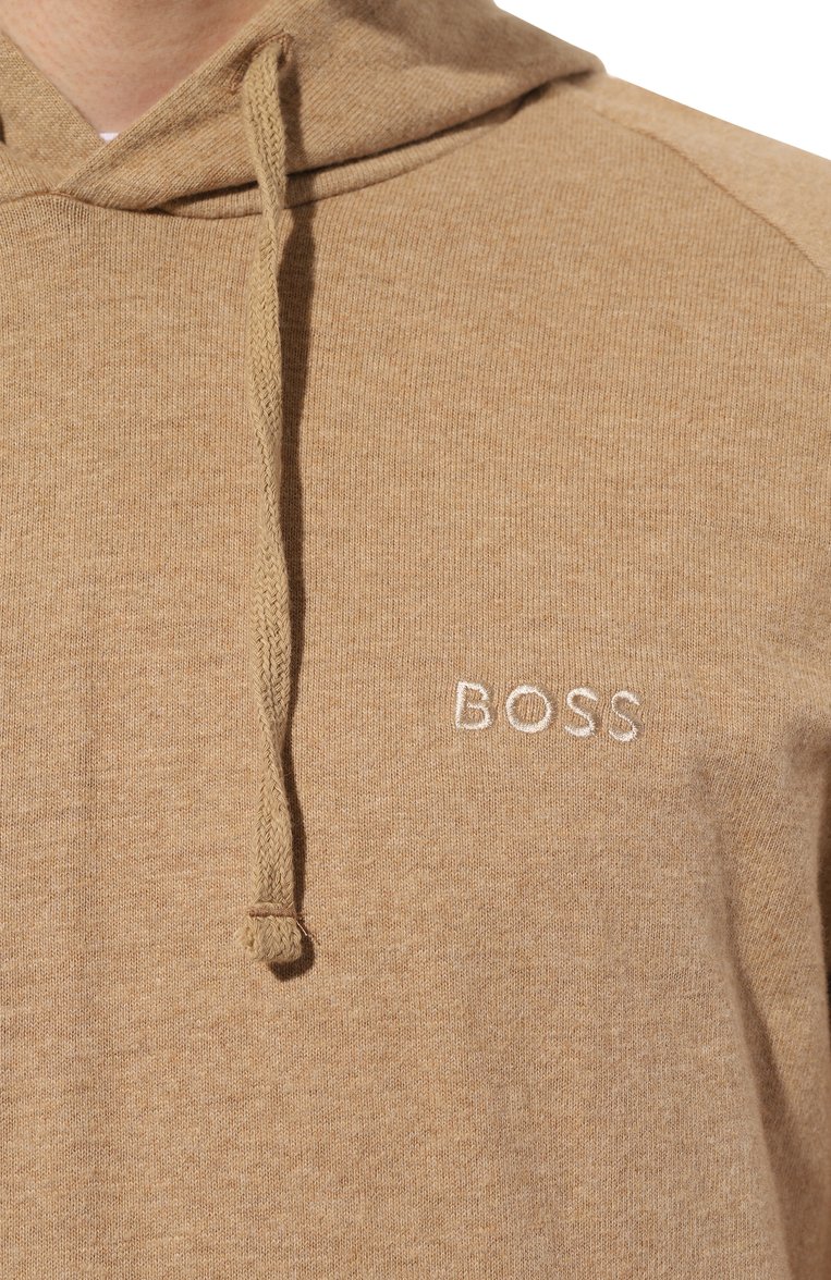 Мужской хлопковое худи BOSS бежевого цвета, арт. 50511057 | Фото 5 (Материал внешний: Хлопок; Длина (для топов): Стандартные; Рукава: Длинные; Стили: Спорт-шик; Принт: Без принта; Мужское Кросс-КТ: Худи-одежда)