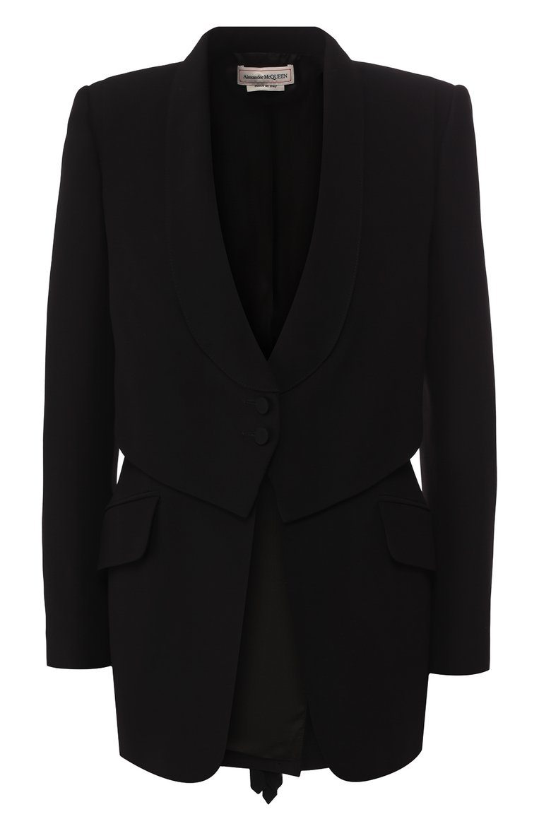 Женский жакет ALEXANDER MCQUEEN черного цвета, арт. 621339/QEAAA | Фото 1 (Рукава: Длинные; Длина (для топов): �Стандартные; Материал подклада: Купро; Материал внешний: Синтетический материал, Вискоза; 1-2-бортные: Однобортные; Женское Кросс-КТ: Жакет-одежда; Случай: Вечерний)
