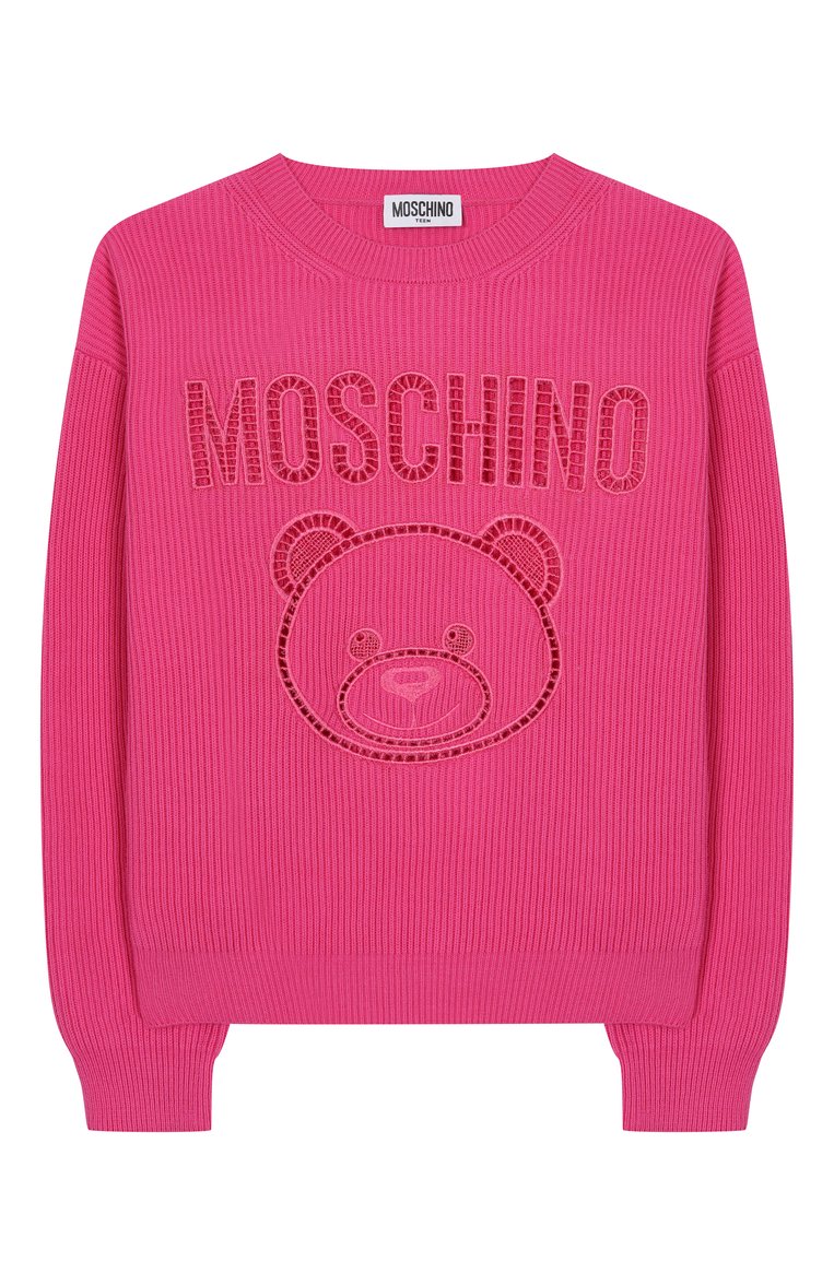 Детский хлопковый пуловер MOSCHINO фуксия цвета, арт. HUW019/LHE60/10-14 | Фото 1 (Материал внешний: Хлопок; Рукава: Длинные; Девочки Кросс-КТ: Пуловер-одежда; Тематический товар: Teddy Bear; Ростовка одежда: 10 - 11 лет | 140 - 146см, 12 лет | 152 см, 16 лет | 164 см)