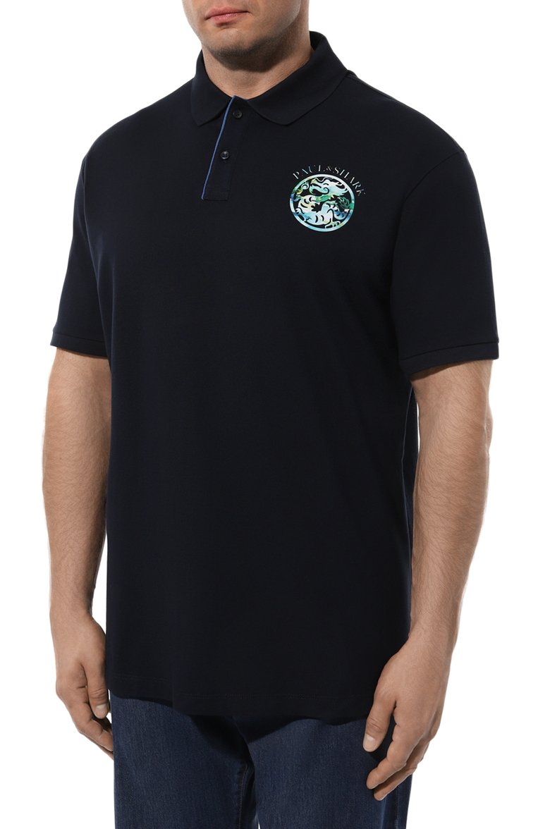 Мужское хлопковое поло PAUL&SHARK темно-синего цвета, арт. 24411352/3XL-6XL | Фото 3 (Рукава: Короткие; Застежка: Пуговицы; Материал внешний: Хлопок; Стили: Кэжуэл; Длина (для топов): Удлиненные; Принт: Без принта; Мужское Кросс-КТ: Футболка-одежда; Автоматизация состава: Проставлено; Автоматизация ТО: Проставлено)