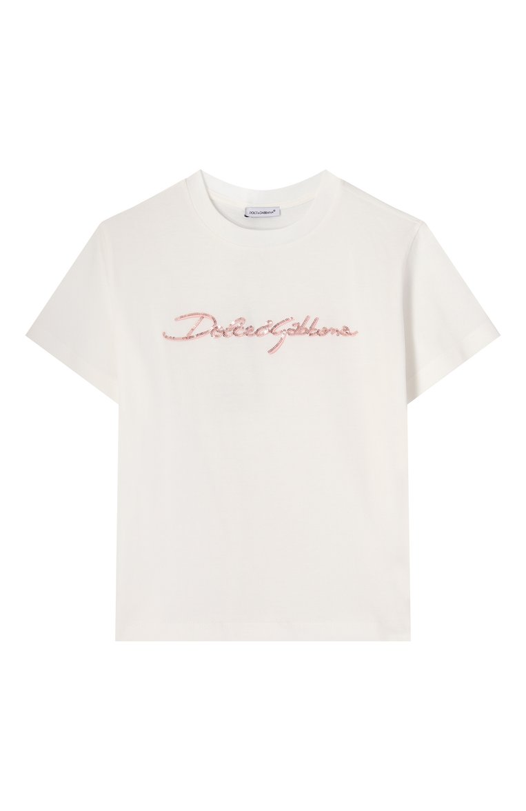 Детская хлопковая футболка DOLCE & GABBANA молочного цвета, арт. L5JTNK/G700Y/8-14 | Фото 1 (Рукава: Короткие; Девочки Кросс-КТ: футболка-одежда; Материал внешний: Хлопок; Автоматизация состава: Проставлено; Автоматизация ТО: Проставлено; Ростовка одежда: 8 лет | 128 см, 10 - 11 лет | 140 - 146см, 13 - 15 лет | 158 см, 16 лет | 164 см)