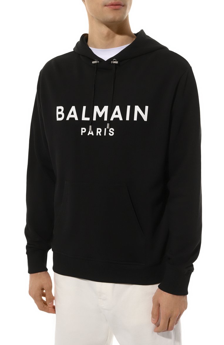 Мужской хлопковое худи BALMAIN черного цвета, арт. DH1JR002/BB65 | Фото 3 (Рукава: Длинные; Длина (для топов): Стандартные; Материал сплава: Проставлено; Драгоценные камни: Проставлено; Материал внешний: Хлопок; Стили: Кэжуэл; Принт: С принтом; Мужское Кросс-КТ: Худи-одежда)