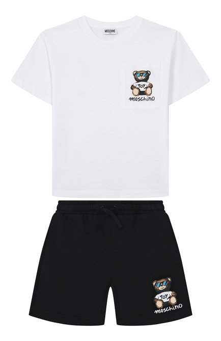 Детского комплект из футболки и шорт MOSCHINO черно-белого цвета, арт. HUG00R/LCA32/10-14 | Фото 1 (Рукава: Короткие; Драгоценные камни: Проставлено; Материал внешний: Хлопок; Материал сплава: Проставлено)