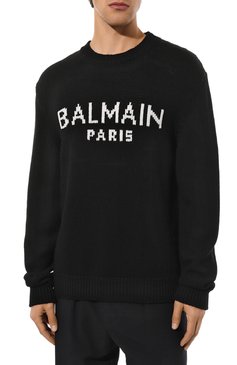 Мужской шерстяной свитер BALMAIN черного цвета, арт. AH1KD000KC88 | Фото 3 (Материал внешний: Шерсть; Рукава: Длинные; Длина (для топов): Стандартные; Принт: С принтом; Материал сплава: Проставлено; Мужское Кросс-КТ: Свитер-одежда; Драгоценные камни: Проставлено; Стили: Кэжуэл)