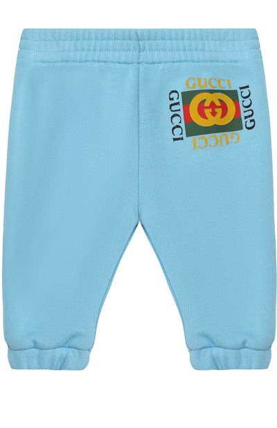 Хлопковые джоггеры с логотипом бренда GUCCI голубого цвета по цене 15850 руб., арт. 509179/X3L00, фото 1 Хлопковые джоггеры с логотипом бренда GUCCI, арт. 509179/X3L00, фото 1