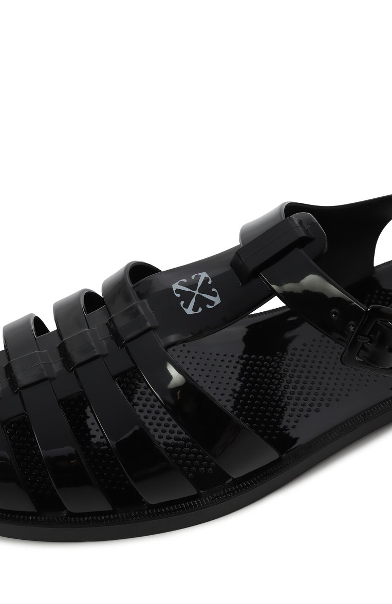 Женские сандалии off to sal OFF-WHITE черно-белого цвета, арт. 0WIH05ES25MAT0011001 | Фото 7 (Каблук высота: Низкий; Подошва: Плоская; Автоматизация состава: Проставлено; Автоматизация ТО: Проставлено; Материал внешний: Экокожа)