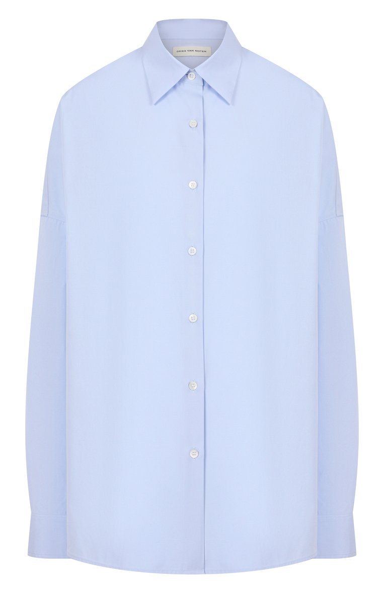 Женская хлопковая рубашка DRIES VAN NOTEN голубого цвета, арт. 251-010700-1466 | Фото 1 (Длина (для топов): Удлиненные; Материал внешний: Хлопок; Рукава: Длинные; Принт: Без принта; Женское Кросс-КТ: Рубашка-одежда; Стили: Кэжуэл; Автоматизация ТО: Проставлено; Автоматизация состава: Проставлено)