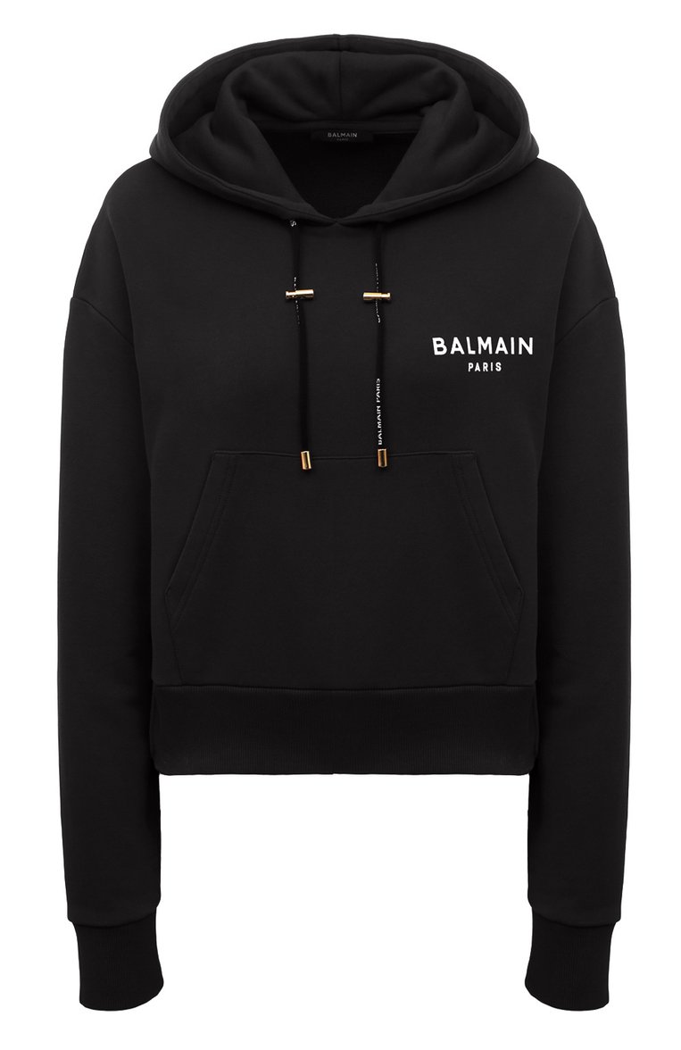 Женский хлопковое худи BALMAIN черного цвета, арт. BF1JP000/BB01 | Фото 1 (Рукава: Длинные; Длина (для топов): Стандартные; Материал внешний: Хлопок; Женское Кросс-КТ: Худи-одежда; Стили: Спорт-шик)