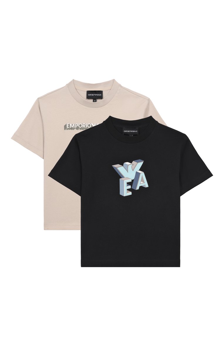 Детская комплект из двух футболок EMPORIO ARMANI разноцветного цвета, арт. EB000318/AF13913 | Фото 1 (Материал внешний: Хлопок; Рукава: Короткие; Мальчики Кросс-КТ: Футболка-одежда; Автоматизация состава: Проставлено; Автоматизация ТО: Проставлено; Ростовка одежда: 5 лет | 110 см, 13 - 15 лет | 158 см, 16 лет | 164 см, 10 - 11 лет | 140 - 146см, 4 года | 104 см, 8 лет | 128 см, 7 лет | 122 см, 6 лет | 116 см)
