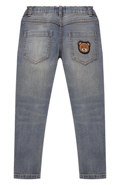 Детские джинсы MOSCHINO синего цвета, арт. HUP040/LXE16/10A-14A | Фото 2 (Материал внешний: Хлопок; Нос: Не проставлено; Детали: Потертости; Материал сплава: Проставлено; Ростовка одежда: 10 - 11 лет | 140 - 146см, 12 лет | 152 см)