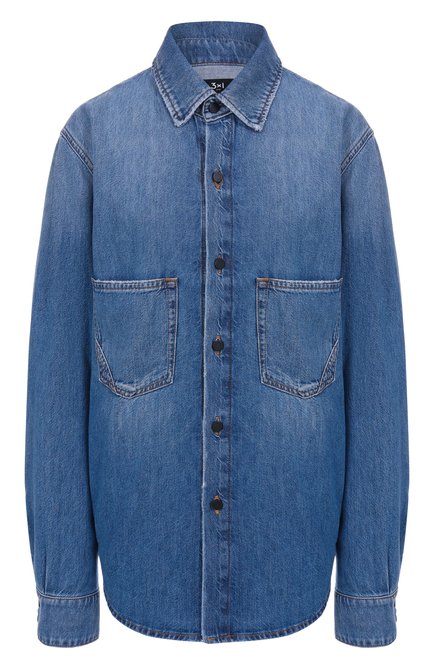 Женская джинсовая рубашка 3X1 голубого цвета, арт. 31-WT3G64-DR09RG/ESSENTIAL SHIRT | Фото 1 (Материал внешний: Хлопок, Растительное волокно, Лиоцелл; Длина (для топов): Удлиненные; Материал сплава: Проставлено; Рукава: Длинные; Драгоценные камни: Проставлено)