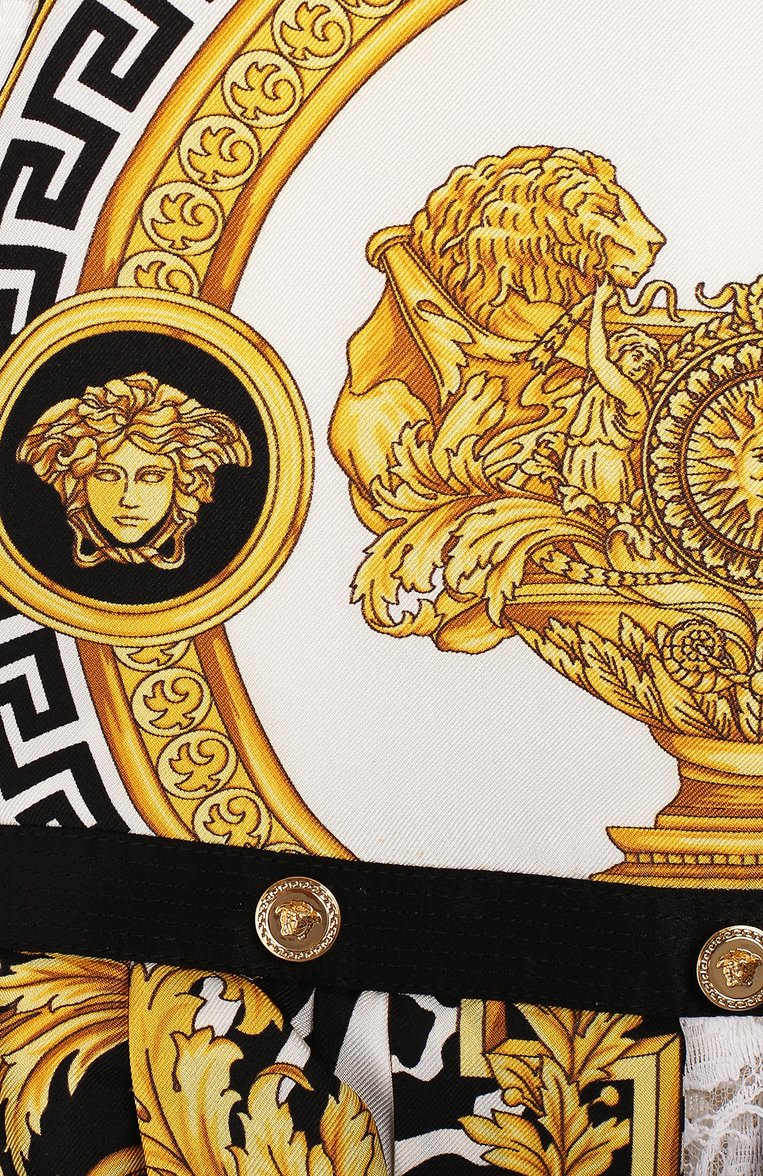 Детское шелковое платье VERSACE разноцветного цвета, арт. YC000090/YA00279/6A | Фото 3 (Статус проверки: Проверена категория; Материал подклада: Вискоза; Материал внешний: Шелк; Принт: С принтом; Девочки Кросс-КТ: Платье-одежда; Случай: Повседневный; Драгоценные камни: Проставлено; Материал сплава: Проставлено)