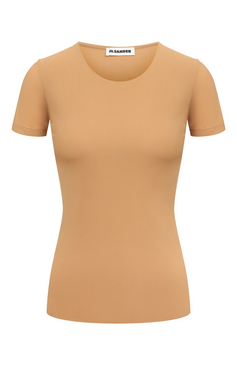 Женская футболка JIL SANDER бежевого цвета, арт. J01GC0003/J70026 | Фото 1 (Рукава: Короткие; Материал внешний: Синтетический материал; Длина (для топов): Стандартные; Стили: Минимализм; Принт: Без принта; Кросс-КТ: костюм; Автоматизация ТО: Проставлено; Автоматизация состава: Проставлено)