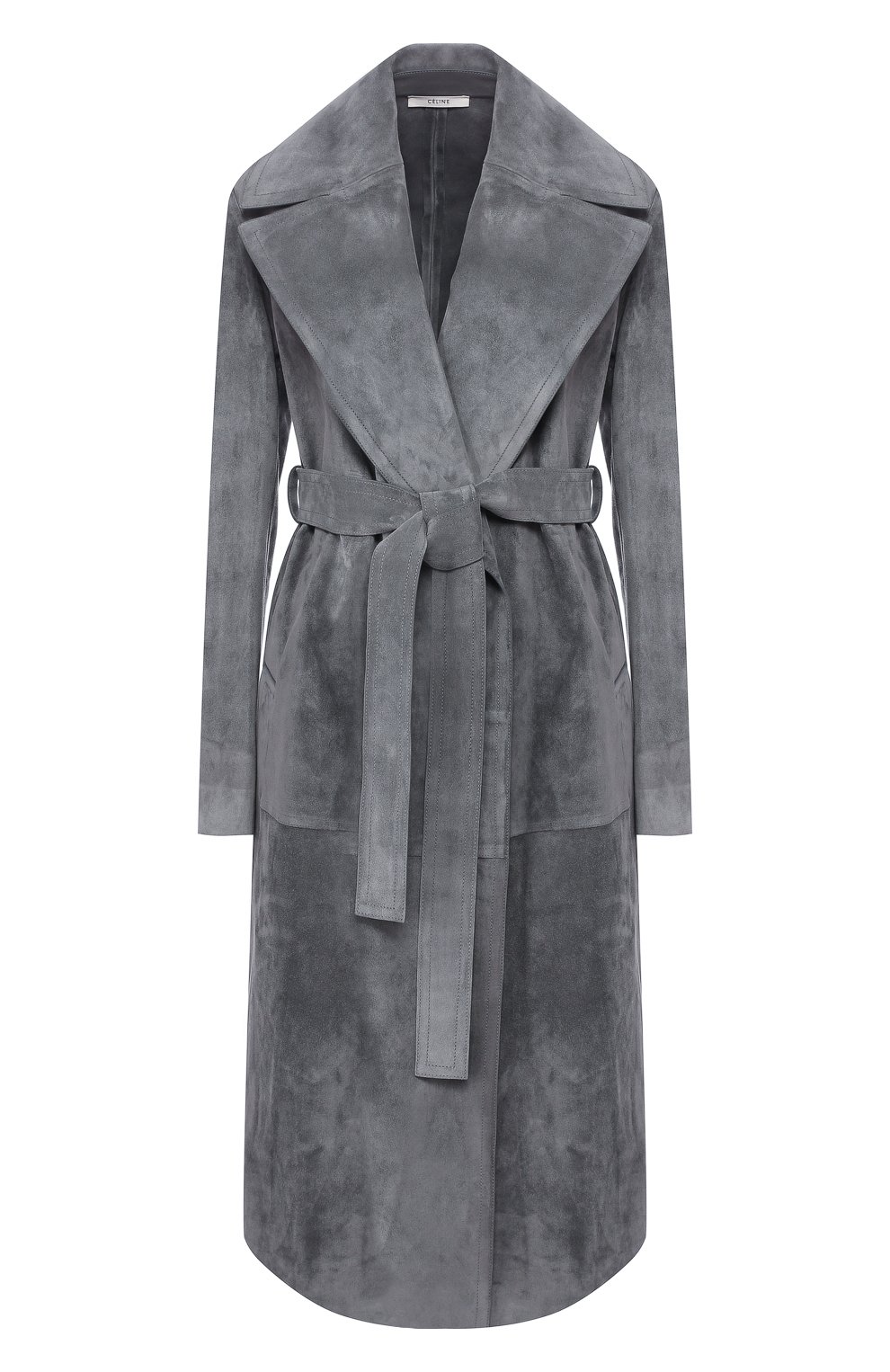 Кожаное пальто с поясом CELINE серого цвета по цене 634000 руб., арт. 28W556319, фото 1 Кожаное пальто с поясом CELINE, арт. 28W556319, фото 1