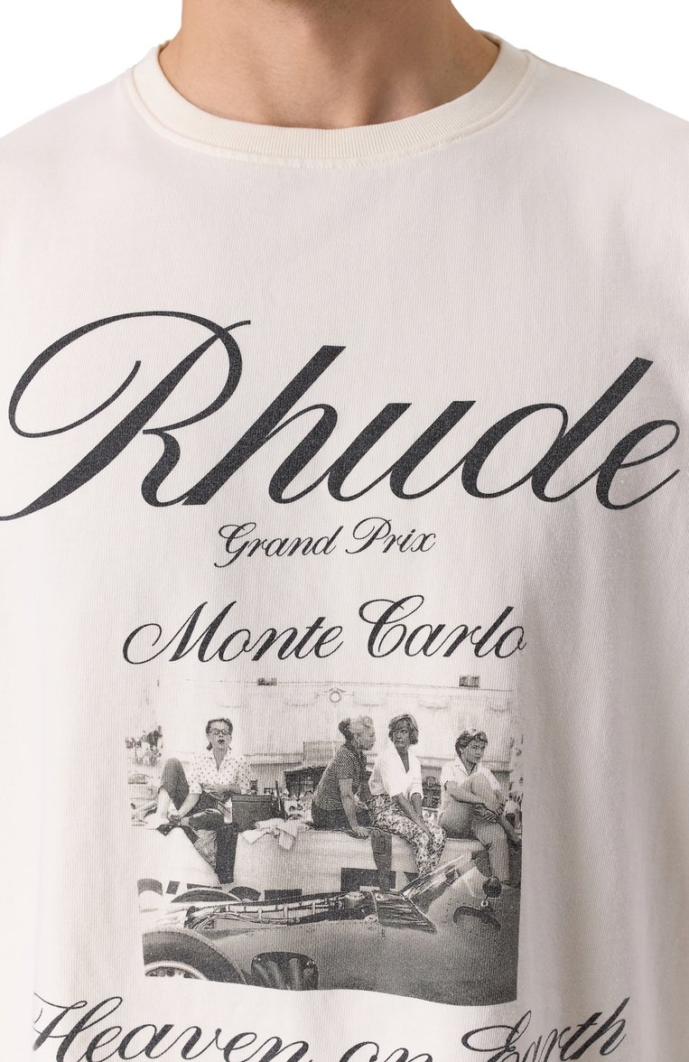 Мужская хлопковая футболка RHUDE кремового цвета, арт. RHSS25TT07012 | Фото 5 (Автоматизация ТО: Проставлено; Рукава: Короткие; Автоматизация с�остава: Проставлено; Длина (для топов): Стандартные; Материал внешний: Хлопок; Мужское Кросс-КТ: Футболка-одежда; Принт: С принтом; Стили: Спорт-шик; Детали: Без декора)