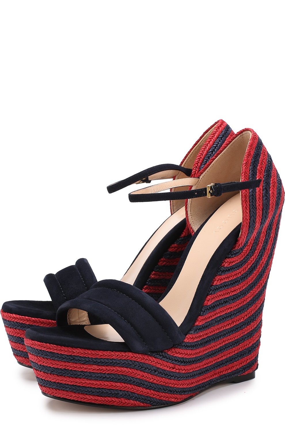 Замшевые босоножки barbette на танкетке GUCCI темно-синего цвета по цене 43300 руб., арт. 454101/C2000, фото 1 Замшевые босоножки barbette на танкетке GUCCI, арт. 454101/C2000, фото 1