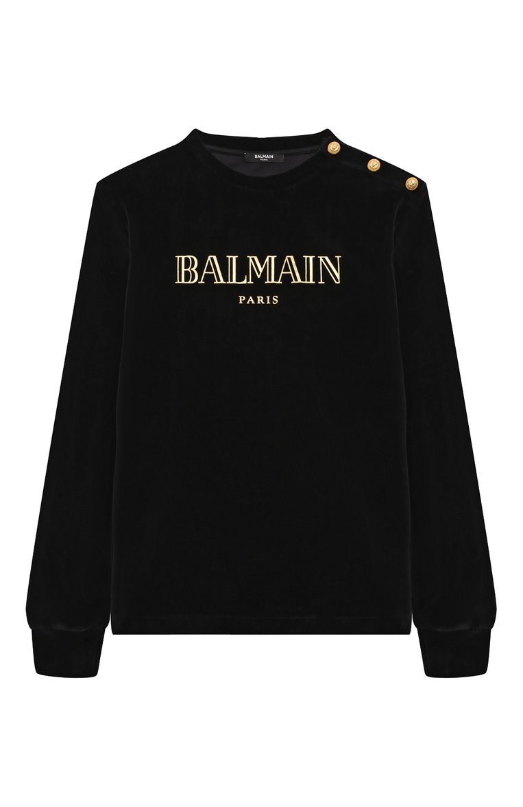 Детский хлопковый свитшот BALMAIN черного цвета, арт. BV4R60 | Фото 1 (Рукава: Длинные; Материал внешний: Хлопок; Драгоценные камни: Проставлено; Материал сплава: Проставлено; Девочки Кросс-КТ: Свитшот-одежда; Ростовка одежда: 16 лет | 164 см, 13 - 15 лет | 158 см, 6 лет | 116 см, 10 - 11 лет | 140 - 146см, 12 лет | 152 см, 8 лет | 128 см)