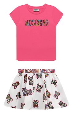 Детский комплект из футболки и юбки MOSCHINO фуксия цвета, арт. HDG010/LLB34/10-14 | Фото 1 (Тематический товар: Teddy Bear; Материал сплава: Проставлено; Нос: Не проставлено; Материал внешний: Хлопок; Кросс-КТ: костюм; Ростовка одежда: 12 лет | 152 см, 10 - 11 лет | 140 - 146см)